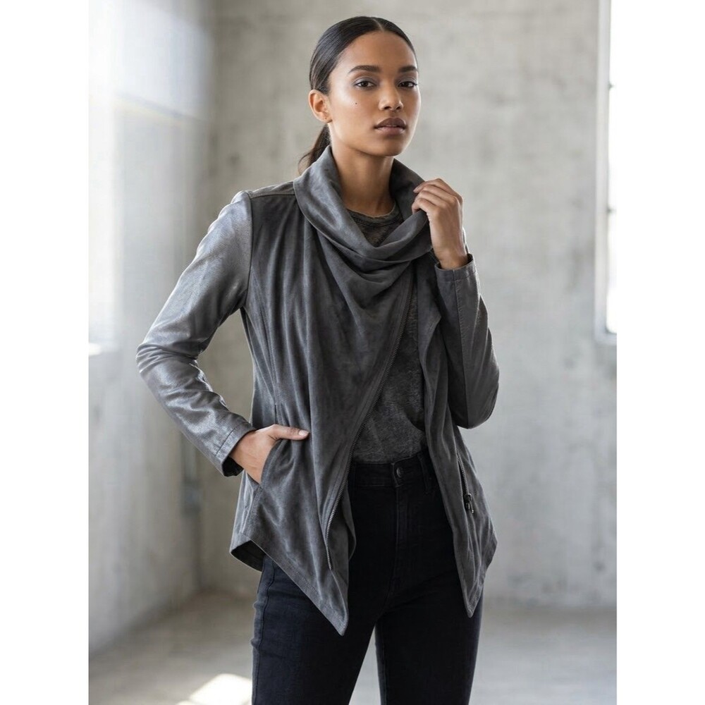 BLANKNYC Gray Leather Suede Side Zip Front Drape Jacket Womens Med Biker Grunge